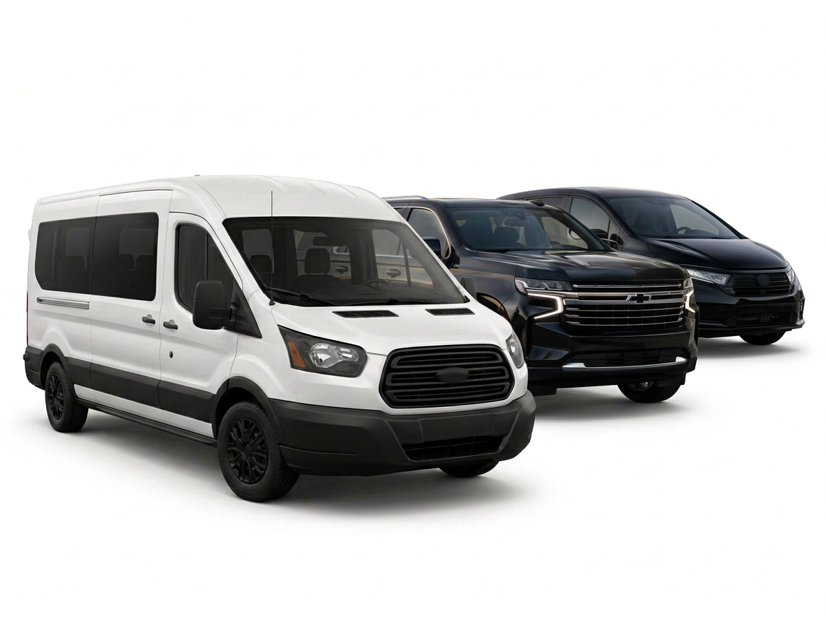 Fleet lineup of a white Ford Transit van, a black Chevrolet Suburban SUV and a black Honda Odyssey minivan for private car service in Southern California