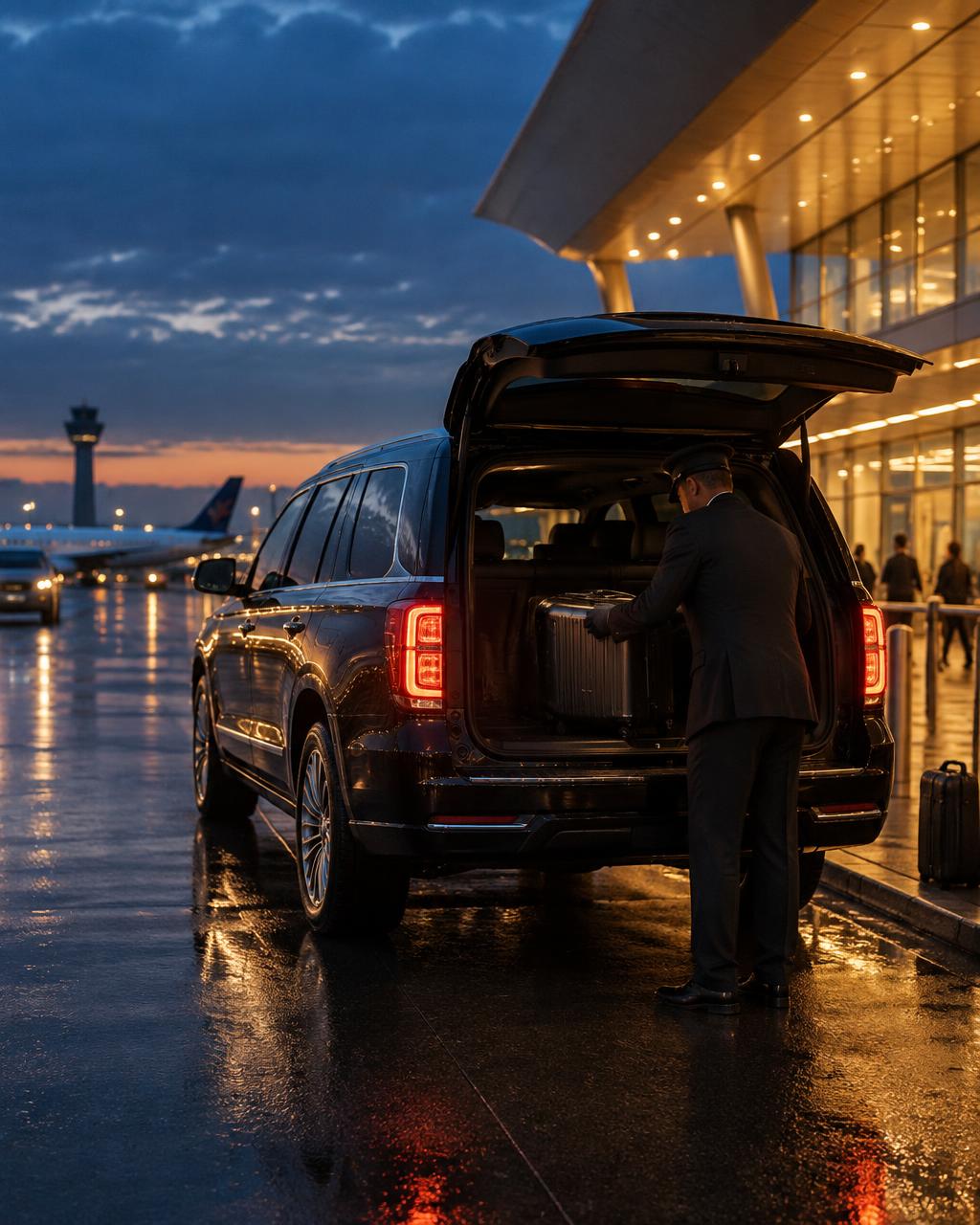Chauffeur loading luggage into a black SUV at an airport terminal before sunrise